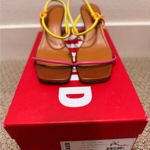 STAUD Laurel Heels in Brown with Yellow and Pink Straps